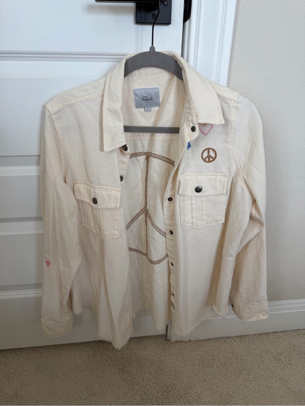 Rails Cream Embroidered Peace Sign Button-Up Jacket
